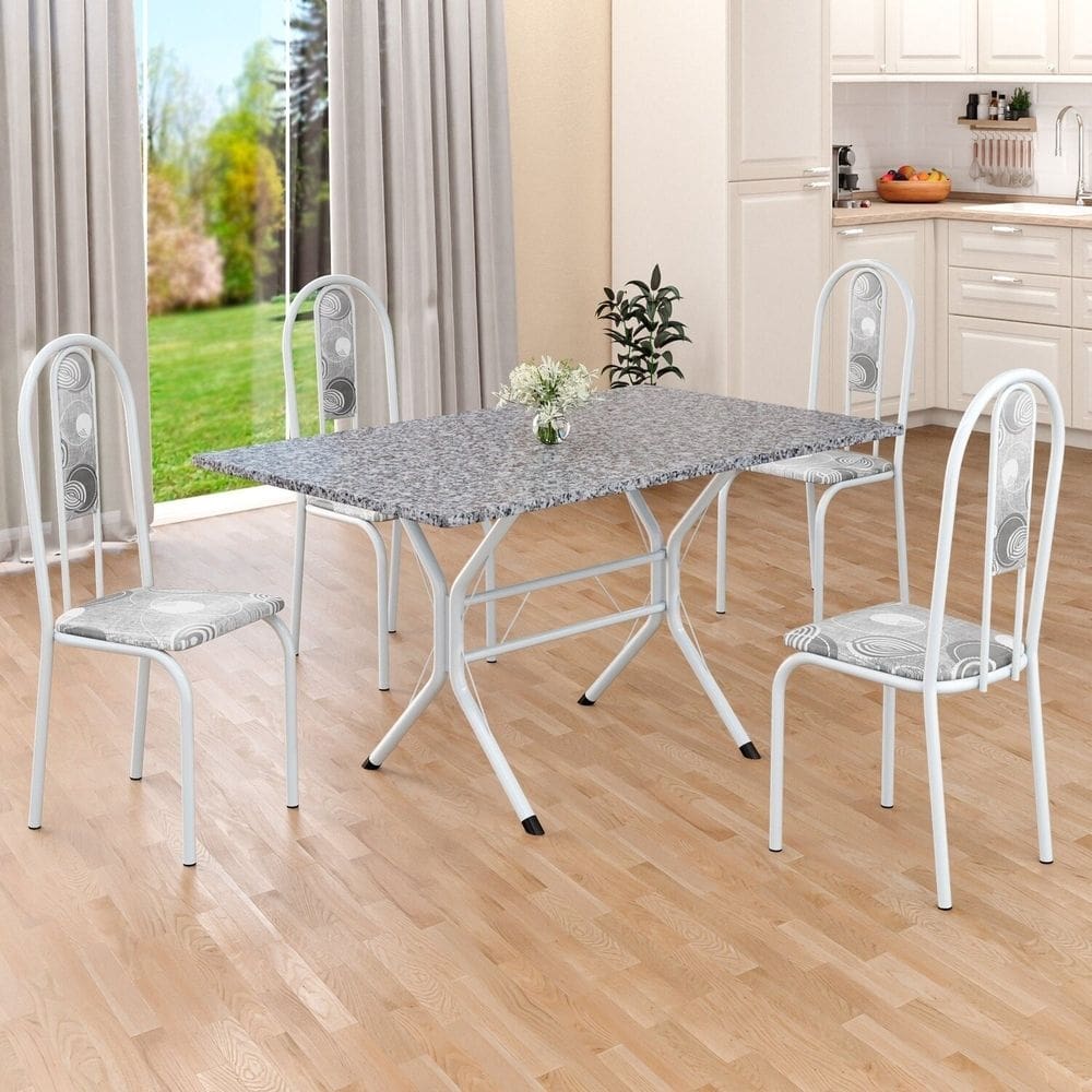 Conjunto Sala de Jantar Mesa Retangular 120x75cm Tampo Granito Ocre 4 Cadeiras Linda Yescasa Paraopeba/Branco