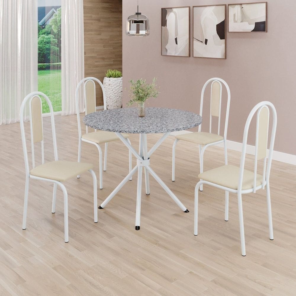 Conjunto Sala de Jantar Mesa Redonda 75cm Tampo Granito Ocre 4 Cadeiras Linda Yescasa Creme/Branco