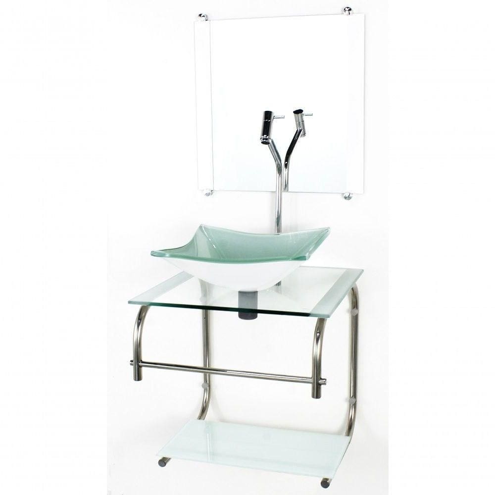 Gabinete De Vidro Para Banheiro 40cm Inox Cuba Quadrada Com Sifao E Torneira Metal Cor:branco