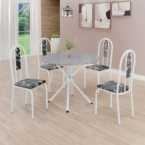 Conjunto Sala de Jantar Mesa Redonda 75cm Tampo Granito Ocre 4 Cadeiras Linda Yescasa Preto Floral/Branco