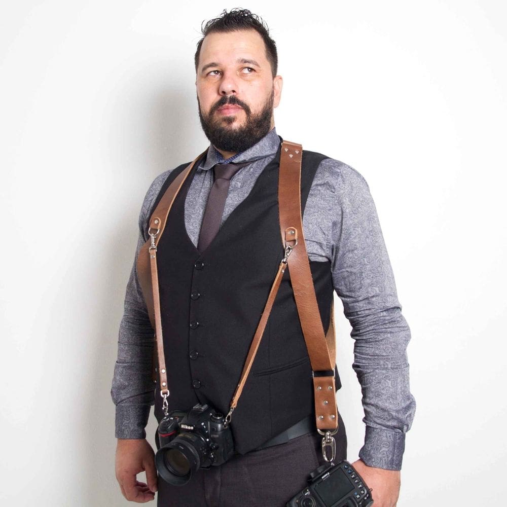 Alça dupla split em couro para cameras dslr double