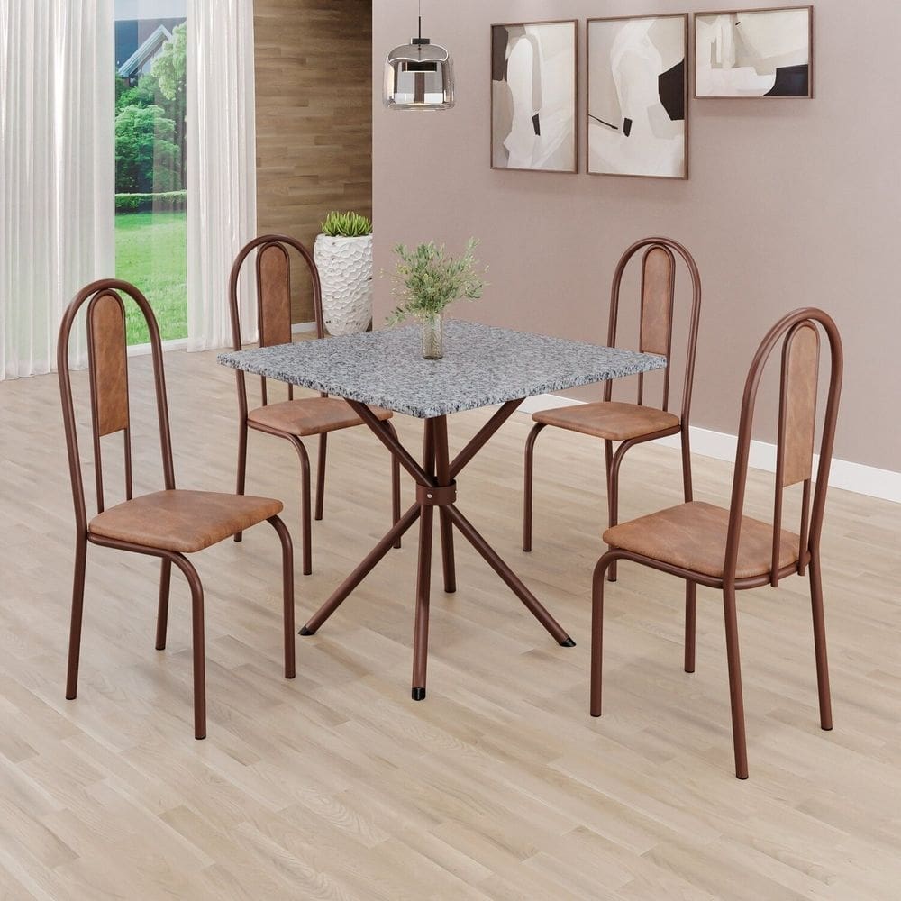 Conjunto Sala de Jantar Mesa Quadrada 75x75cm Tampo Granito Ocre 4 Cadeiras Linda Yescasa Marrom