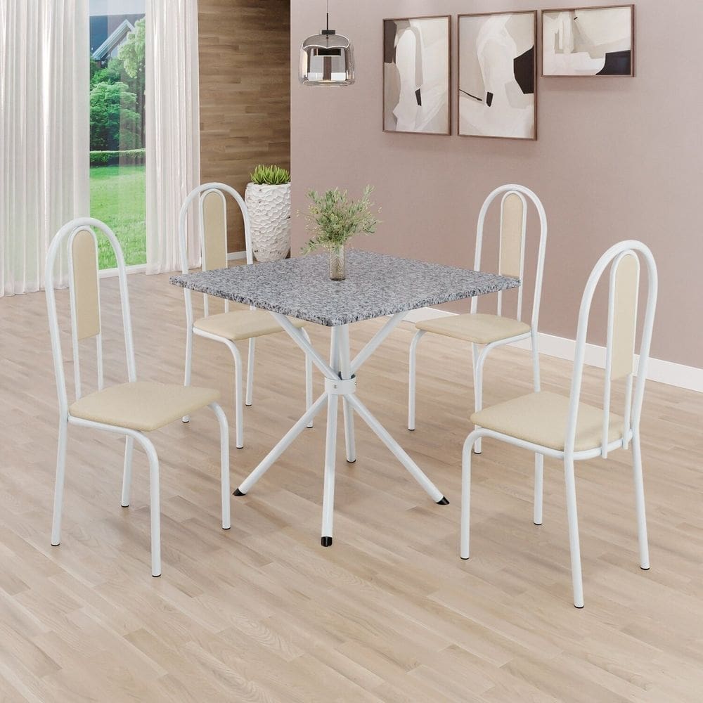 Conjunto Sala de Jantar Mesa Quadrada 75x75cm Tampo Granito Ocre 4 Cadeiras Linda Yescasa Creme/Branco