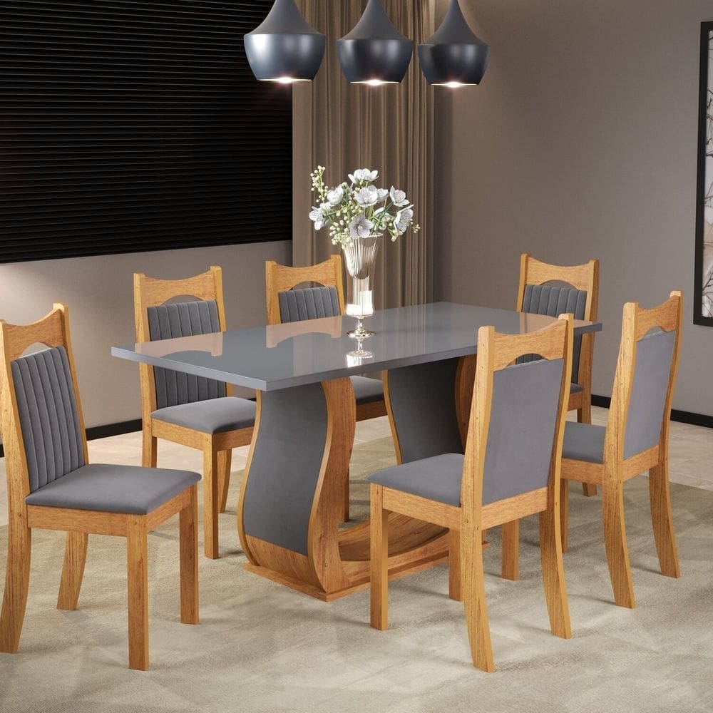 Mesa de Jantar Retangular Anne 160x80cm com 6 Cadeiras Dalas Mel/Grafite/Grafite