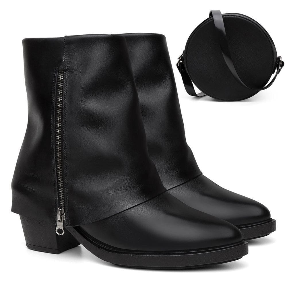 Bota Feminina Cano Curto Couro Casual Zíper + Bolsa Roma