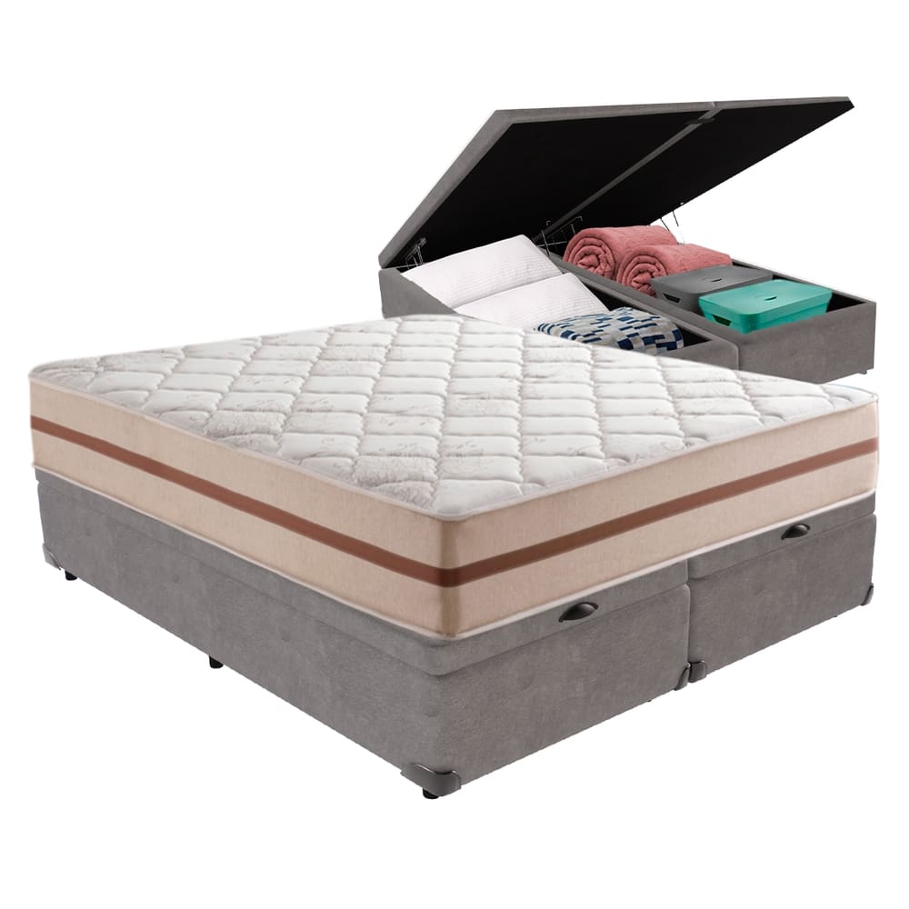Cama Box com Baú Cinza e Colchão Queen Classic Anjos