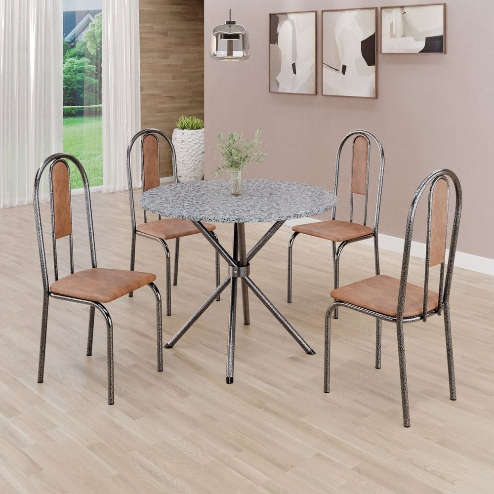 Conjunto Sala de Jantar Mesa Redonda 75cm Tampo Granito Ocre 4 Cadeiras Linda Yescasa Marrom/Prata