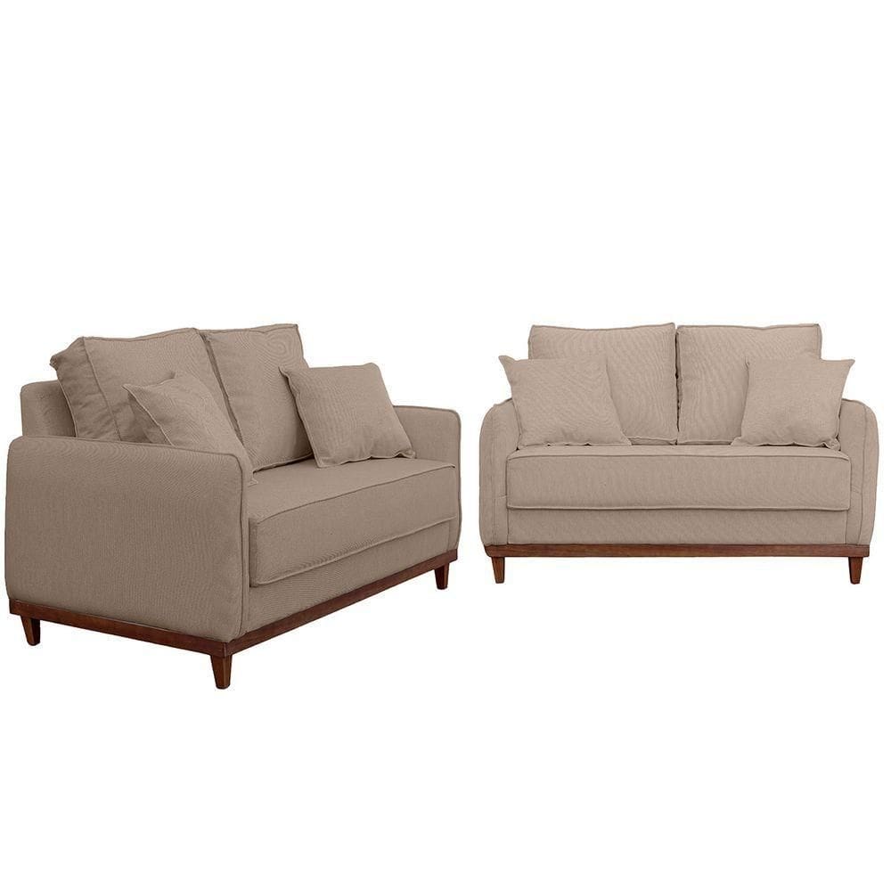 Kit Sofa Sena 2 E 3 Lugares Base De Madeira Para Sala Hotel Linho Bege