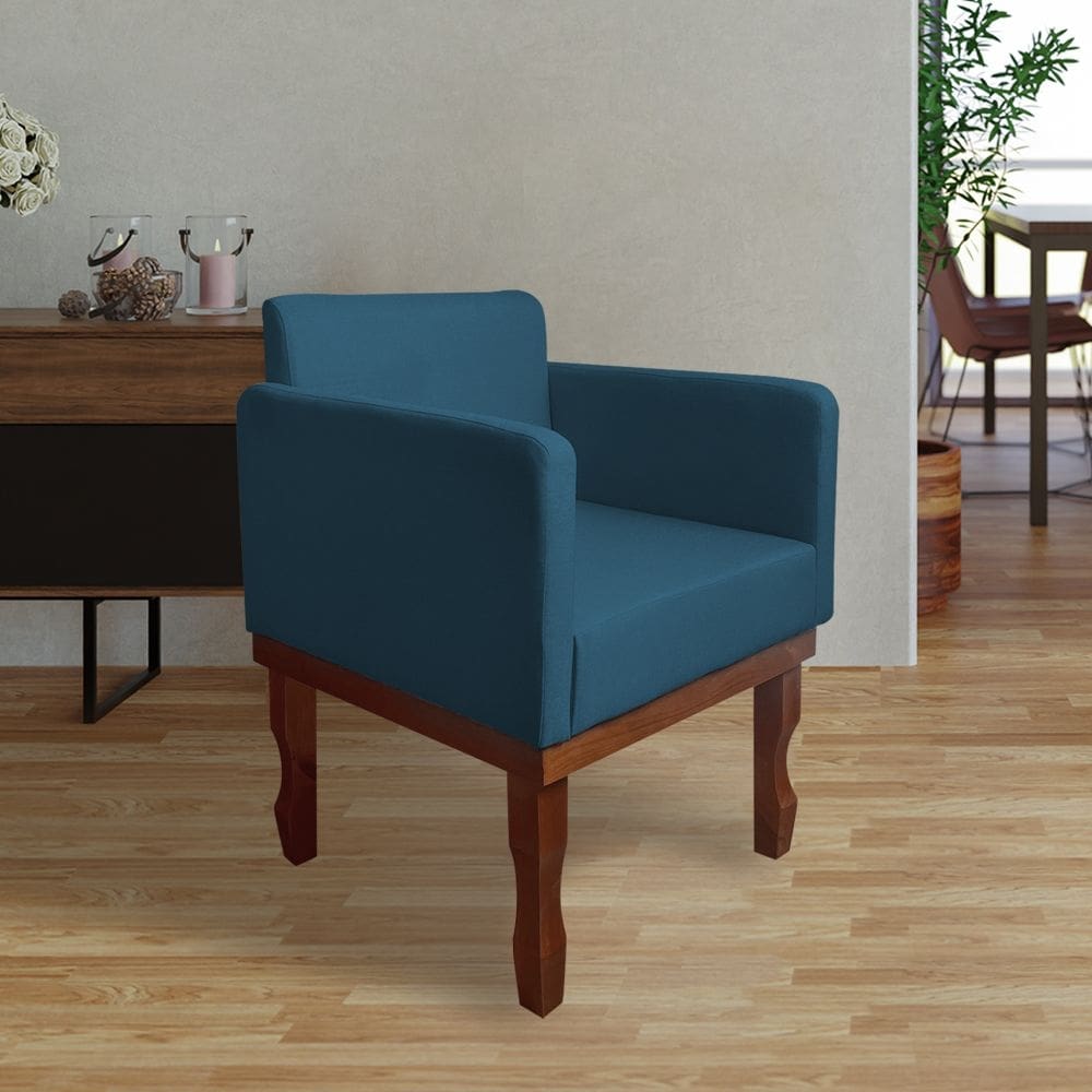 Poltrona Nina Retrô Pés de Madeira Maciça Suede Azul Marinho
