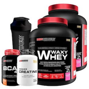 Waxy whey 2kg morango + bcaa 100g + creatine 100g + shaker