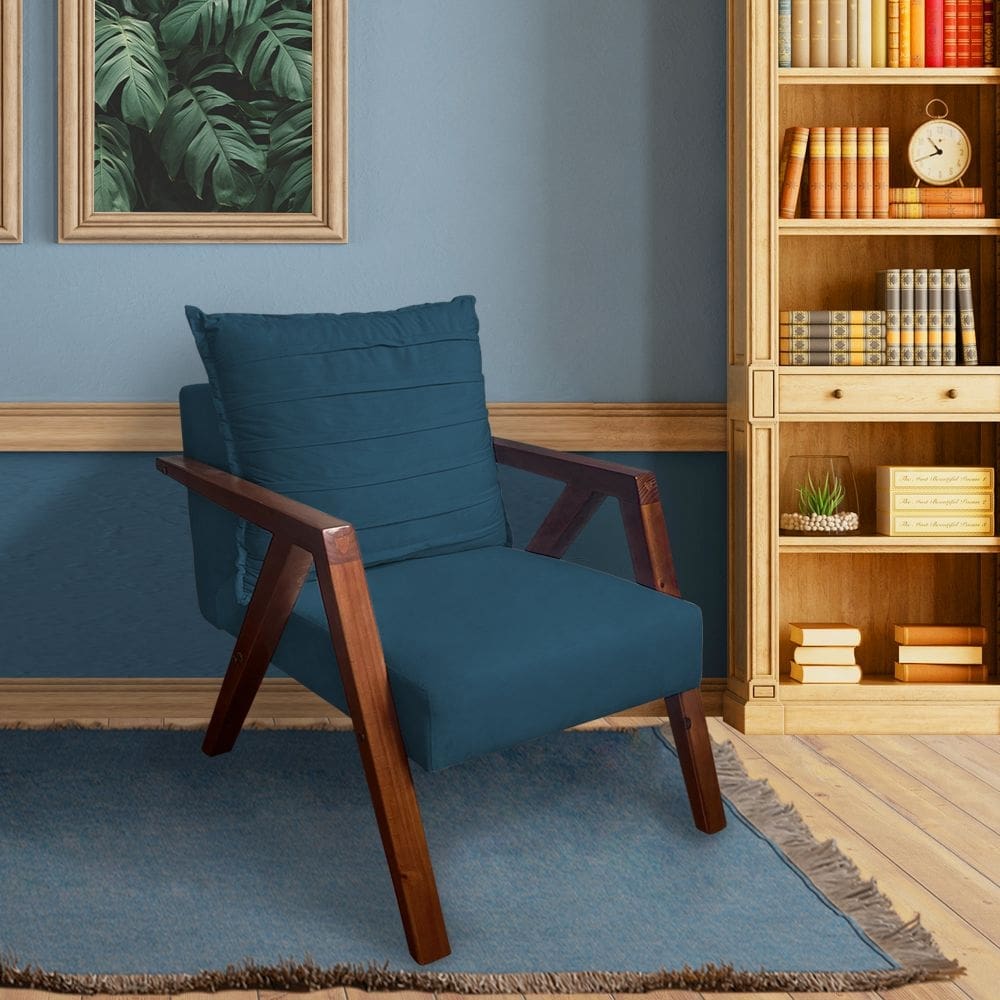Poltrona Monalisa Decorativa Mona Pés de Madeira Maciça Suede Azul Marinho