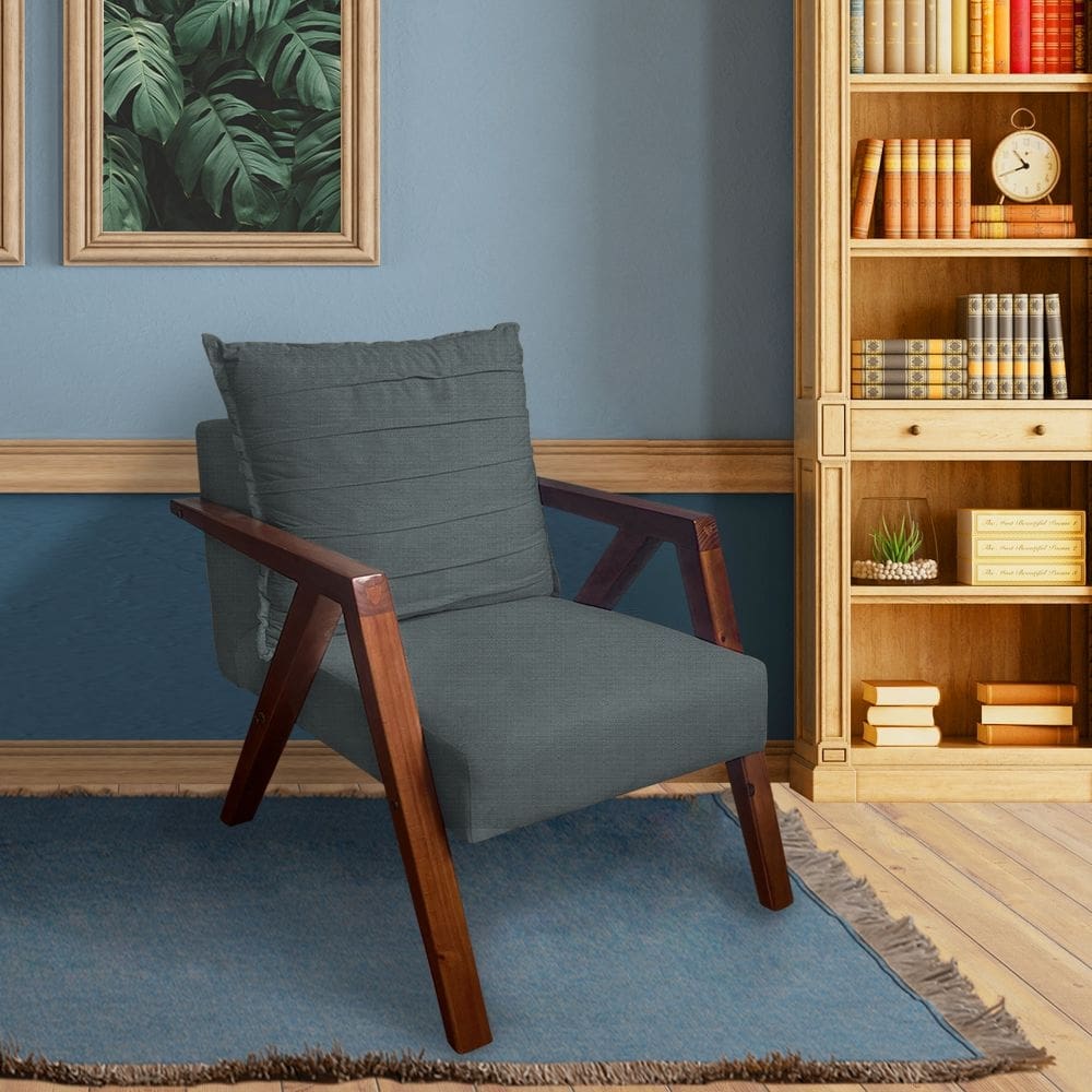 Poltrona Monalisa Decorativa Mona Pés De Madeira Maciça Linho Cinza Escuro