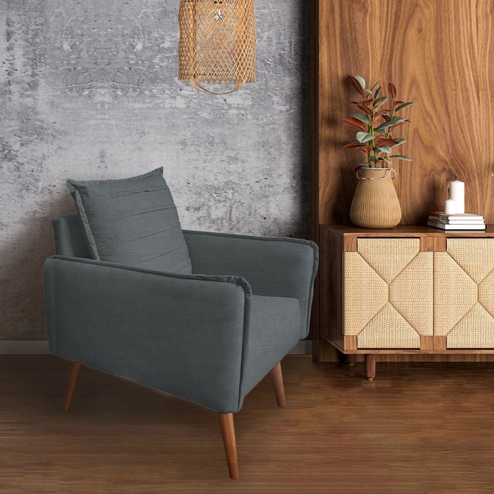  Poltrona Mandara Vintage Pés Palilto Linho Cinza Escuro