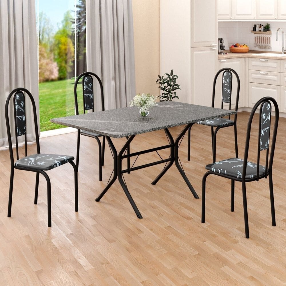 Conjunto Sala de Jantar Mesa Retangular 120x75cm Tampo Granito Topázio 4 Cadeiras Linda Yescasa Preto Floral/Preto Fosco
