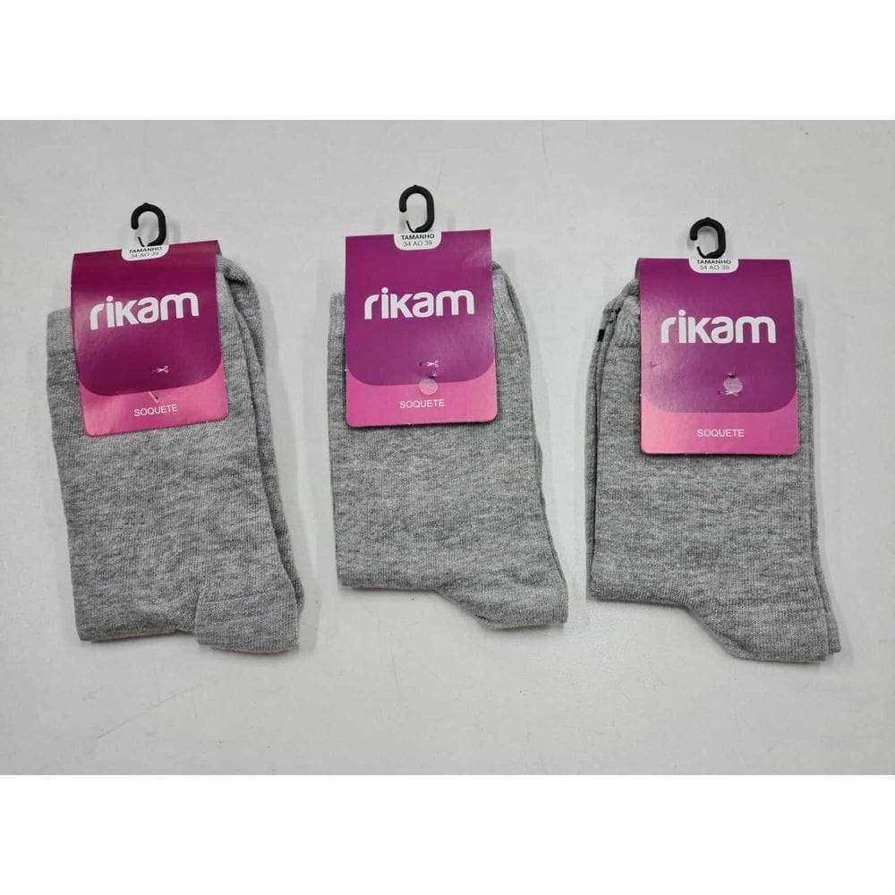 Kit 3 Meias Soquete Feminina Cano Médio Algodão Rikam 49008 Cinzas.