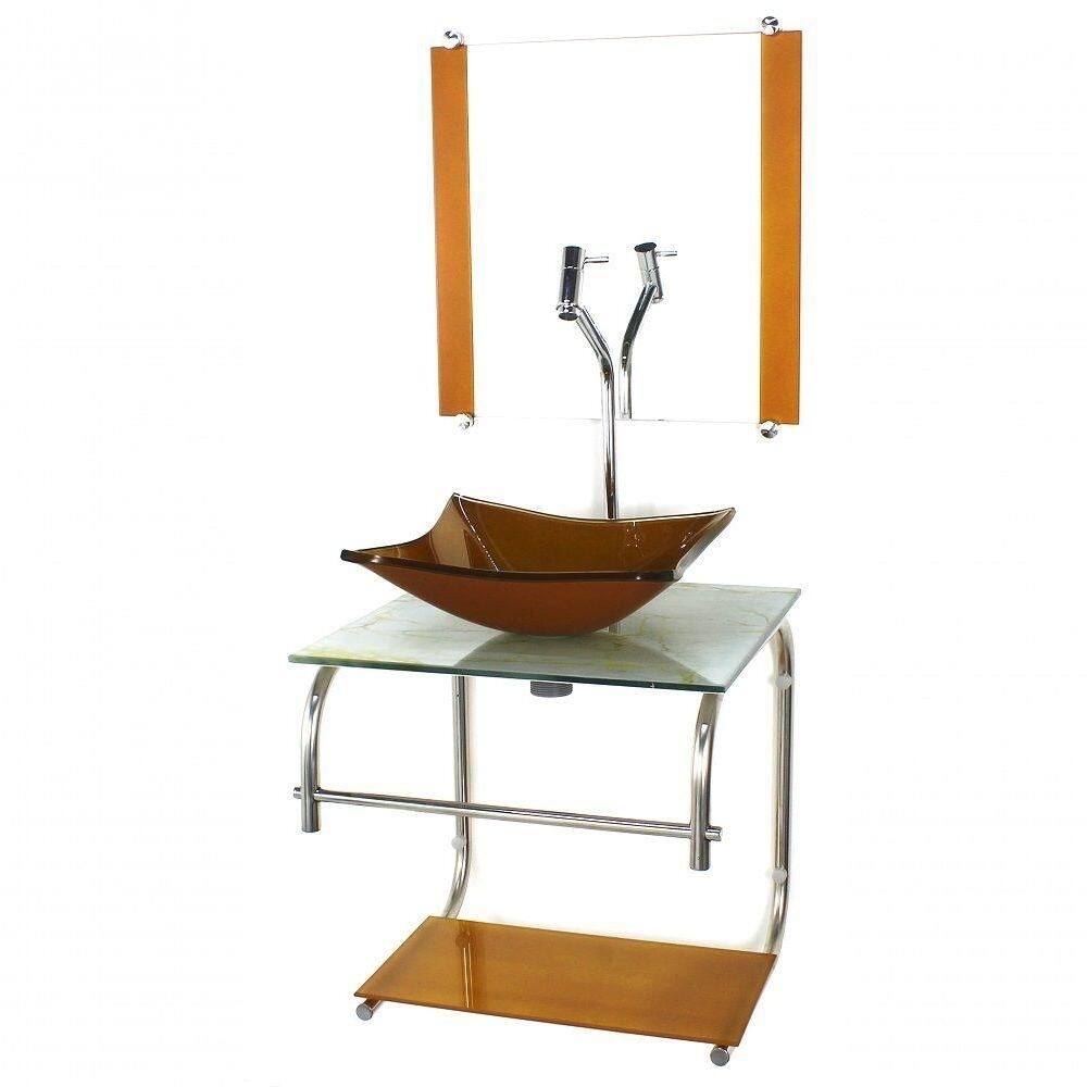 Gabinete De Vidro Para Banheiro 40cm Inox Cuba Quadrada Com Sifao E Torneira Metal Cor:marmore Branco Dourado