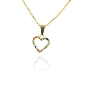 Colar Pingente Coração De Zircônias Coloridas Folheado A Ouro 18K [F027]