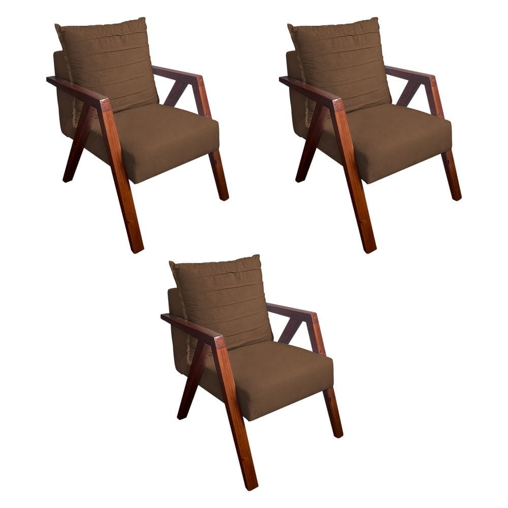 Kit 3 Poltronas Monalisa Decorativa Mona Pés de Madeira Maciça Suede Marrom