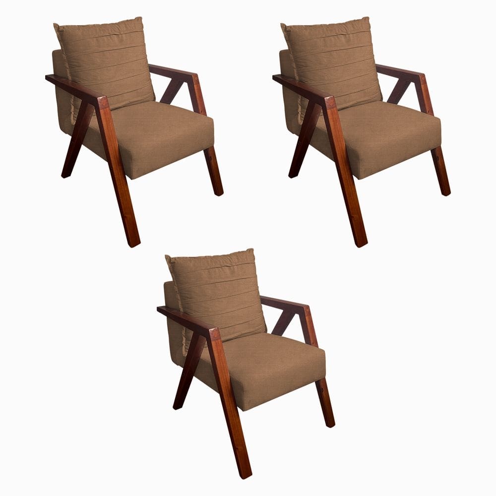 Kit 3 Poltronas Monalisa Decorativa Mona Pés de Madeira Maciça Linho Marrom