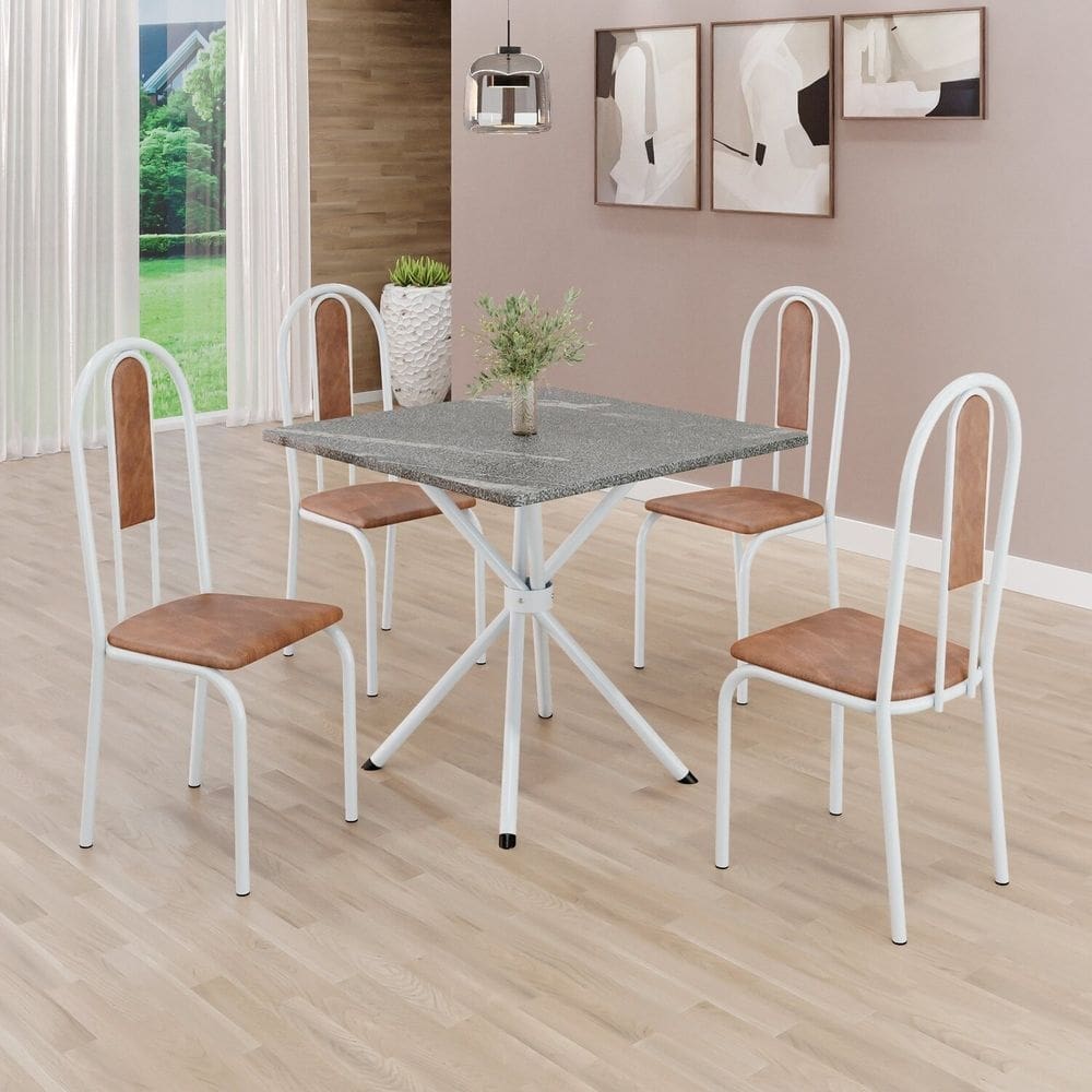 Conjunto Sala de Jantar Mesa Quadrada 70x70cm Tampo Granito Topázio 4 Cadeiras Linda Yescasa Marrom/Branco