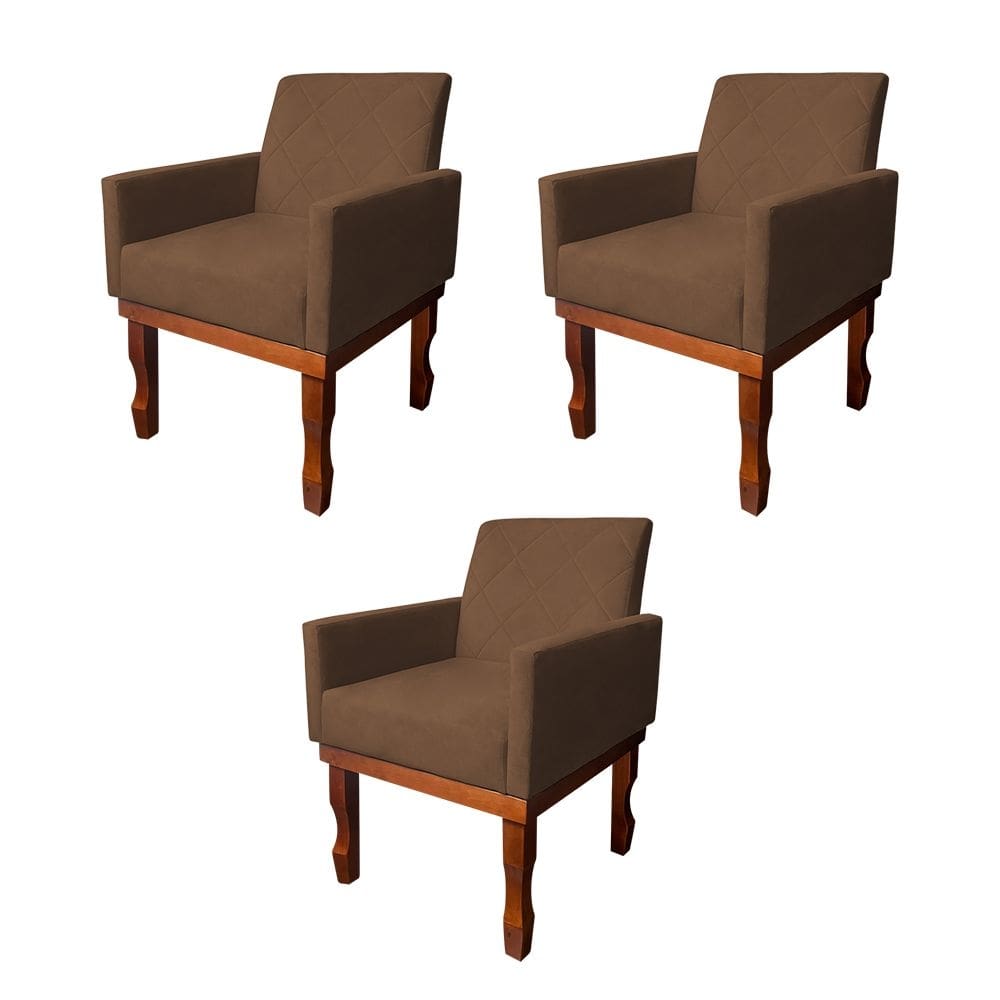 Kit 3 Poltronas Medusa Retrô Pés de Madeira Maciça Suede Marrom