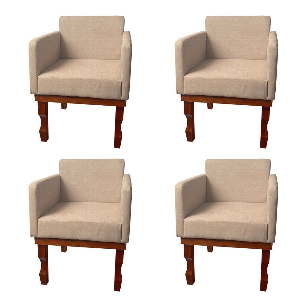 Kit 4 Poltronas Nina para Recepção Pés de Madeira Maciça Linho Bege