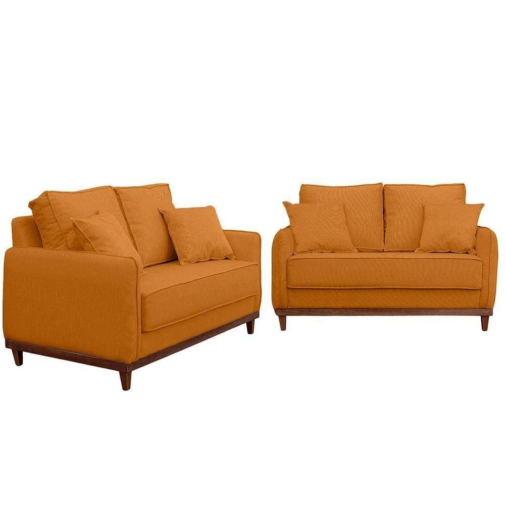 Kit Sofa Sena 2 E 3 Lugares Base De Madeira Para Sala Hotel Linho Terra Cota