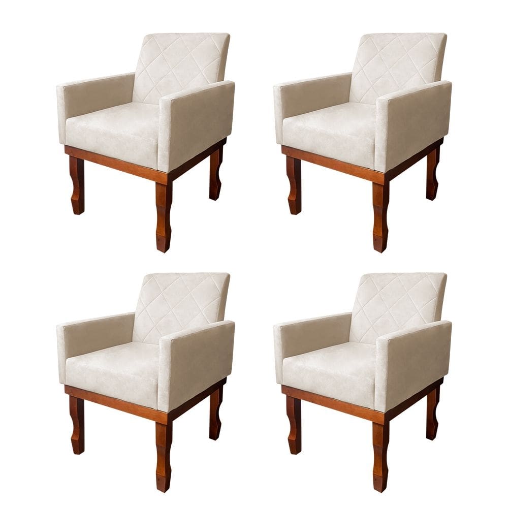Kit 4 Poltronas Medusa para Recepção Pés de Madeira Maciça Suede Bege Claro