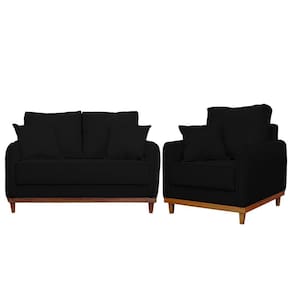 Kit Poltrona E Sofa Sena 2 Lugar Base De Madeira Para Sala Hotel Linho Preto