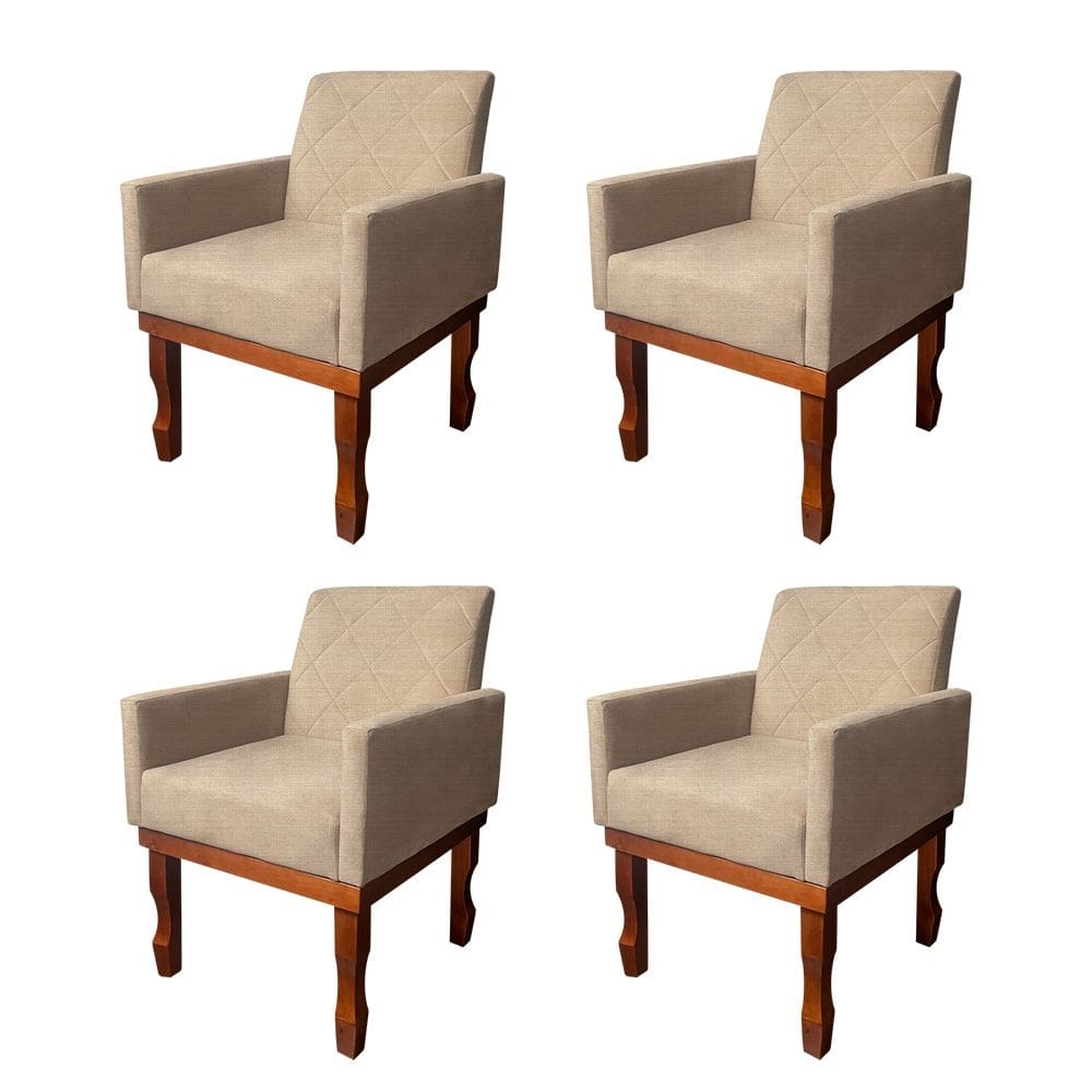 Kit 4 Poltronas Medusa para Recepção Pés de Madeira Maciça Linho Bege