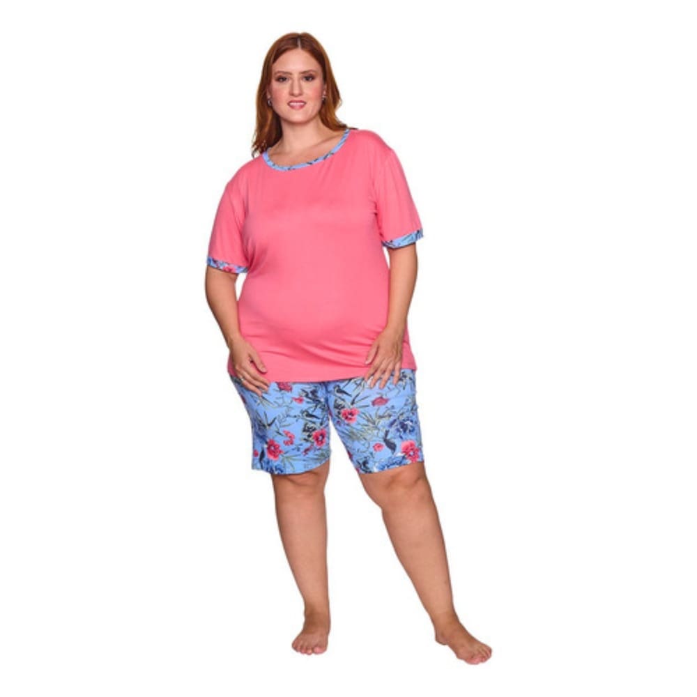 Pijama Bermuda Plus Size Feminino Manga Curta Viscolycra