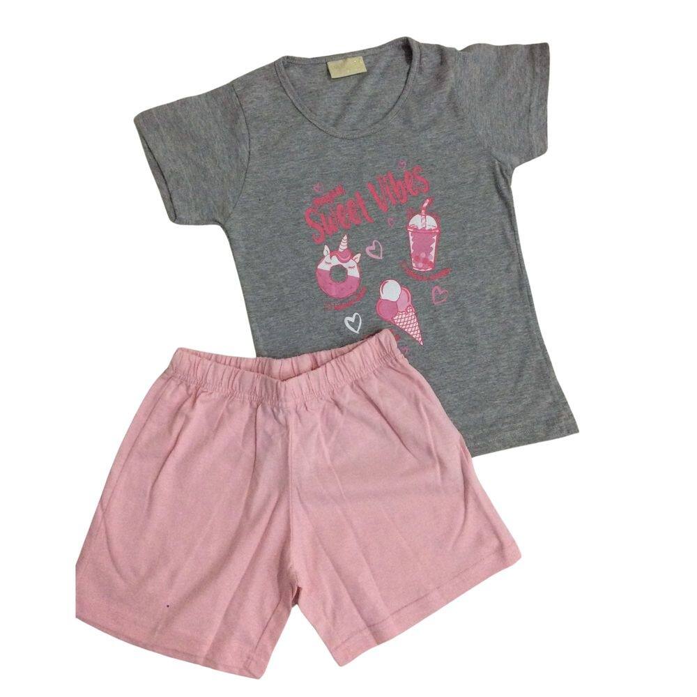 Pijama infantil fem verão Vrasalon cinza/rosa
