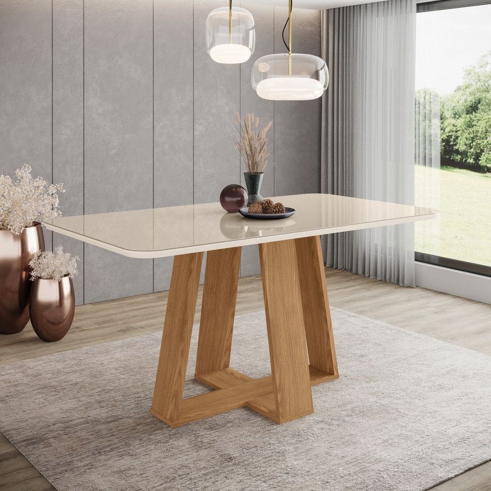 Mesa de Jantar 6 Lugares 1,6m Tampo MDF e Vidro Canto Arredondado Lins Henn