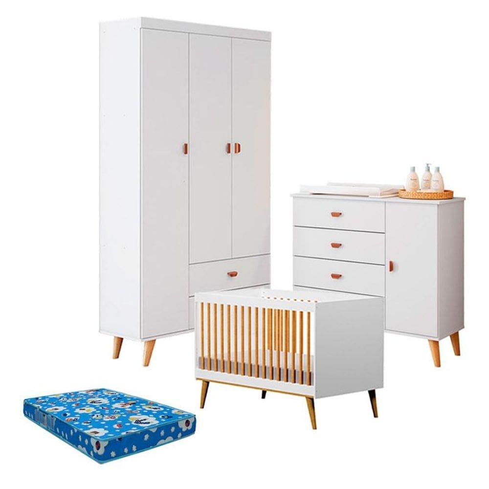 Quarto de Bebê Duda com Berço Americano Ligia Branco Acetinado Bétula e Colchão Ortobom – Carolina Móveis
