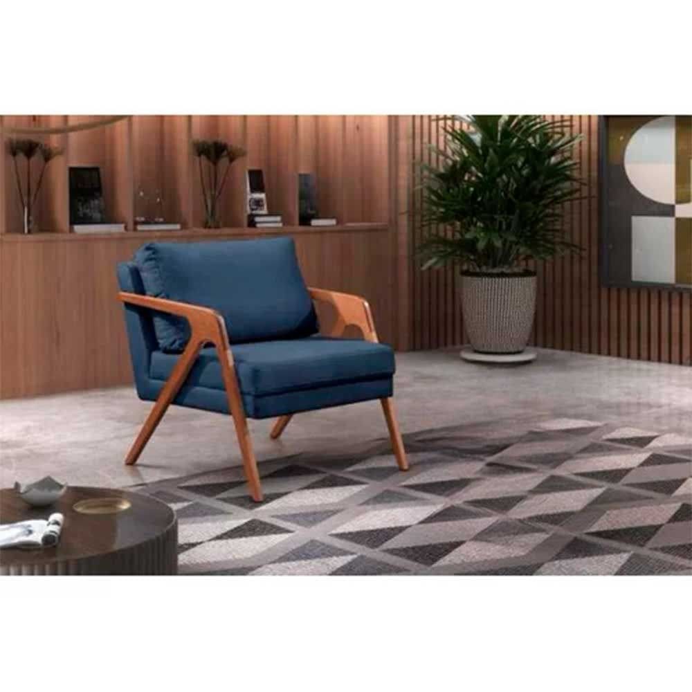 Poltrona Decorativa Mona Luxo Veludo Azul Marinho e Base Madeira Maciça