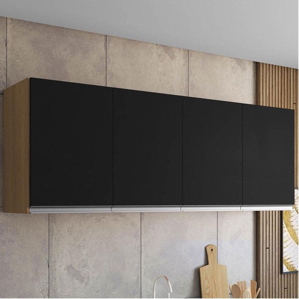 Armário Aéreo para Cozinha Ambiente Andréia 4 Portas 150 cm Amendoa Preto - AJL