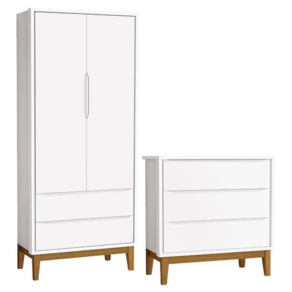 Cômoda Gaveteiro e Guarda Roupa Infantil 2 Portas New Classic Branco com Pés Madeira – Reller