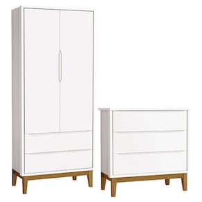 Cômoda Gaveteiro e Guarda Roupa Infantil 2 Portas New Classic Branco com Pés Madeira – Reller