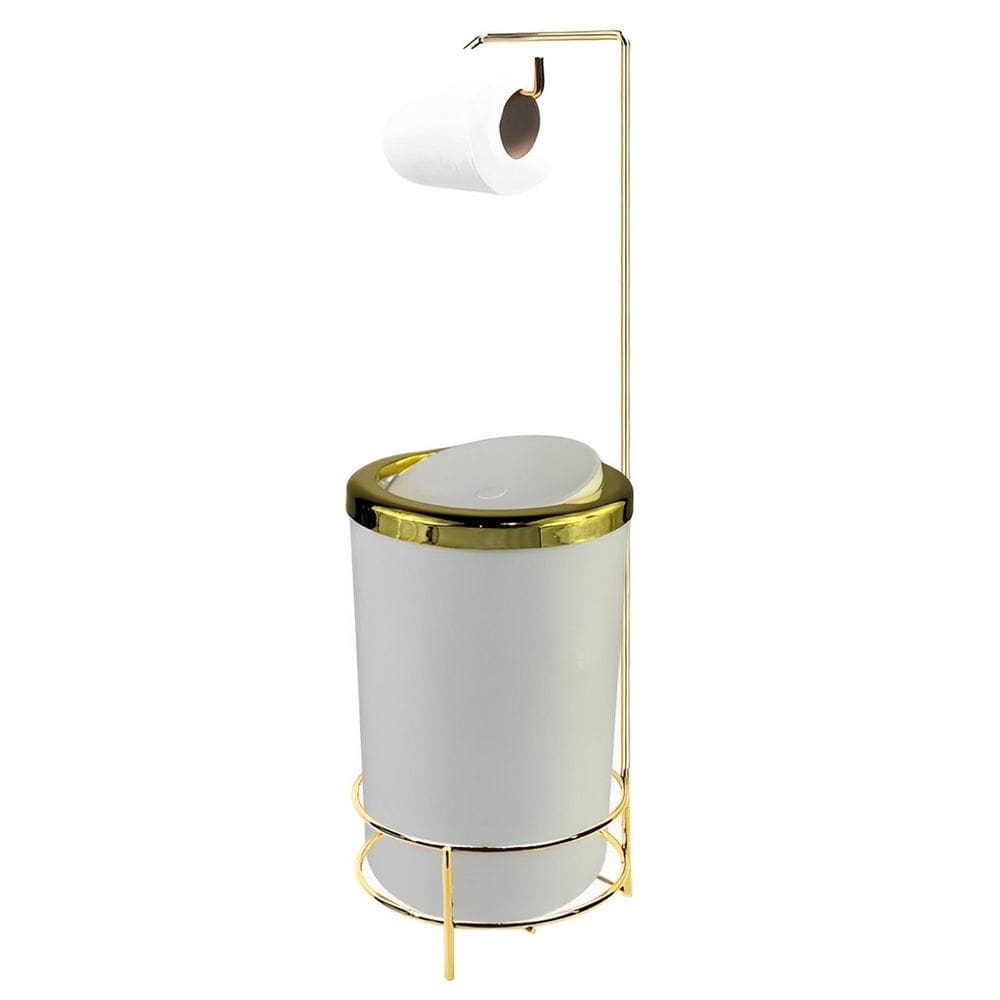 Kit Suporte Porta Papel Higiênico Com Lixeira 8L Tampa Basculante De Cozinha Banheiro Dourado - AMZ