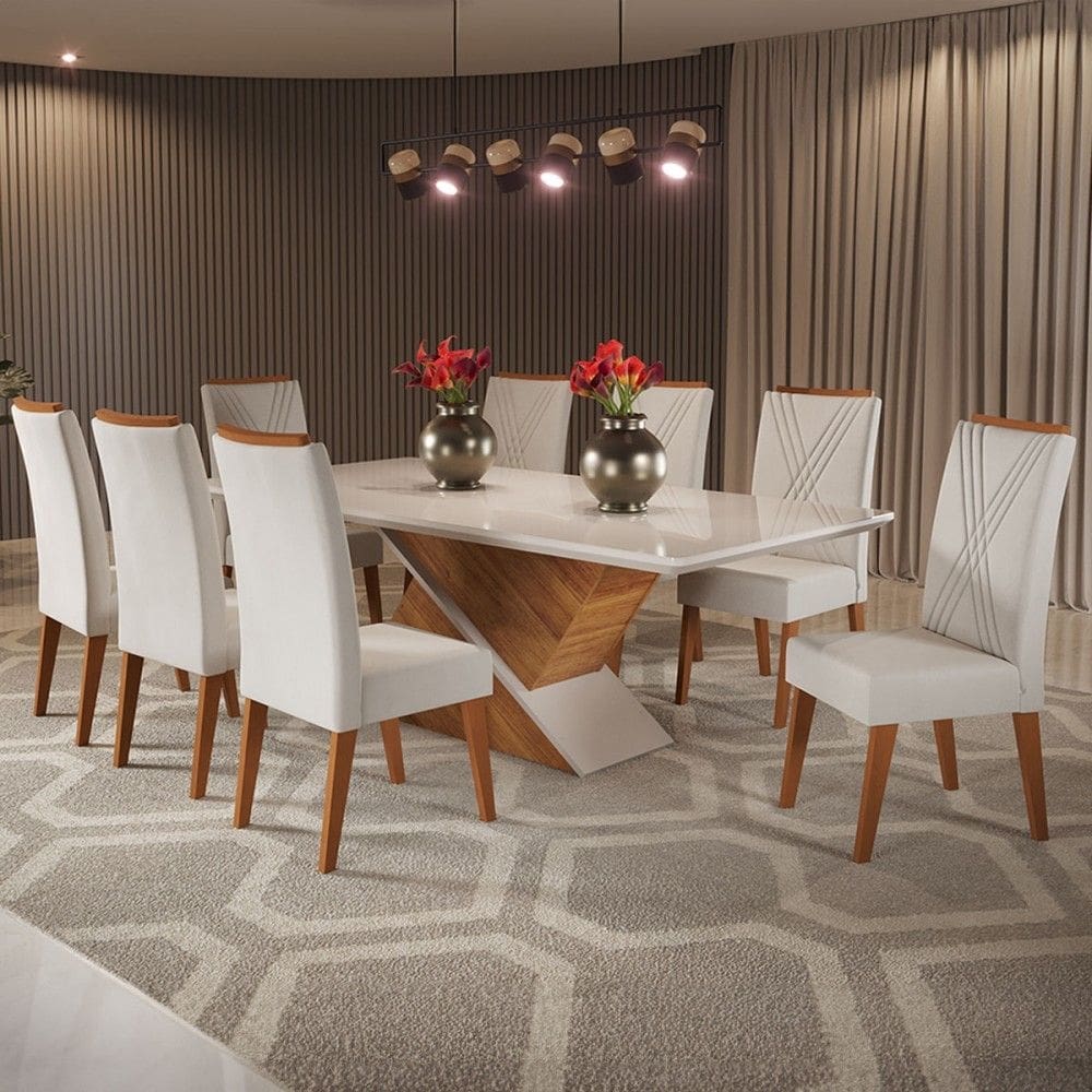 Mesa de Jantar 8 Lugares Moçambique com Vidro Marfim/Off White - Panorama Móveis