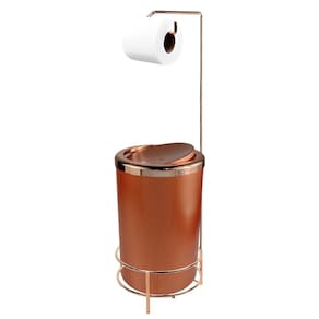 Kit Suporte Porta Papel Higiênico Com Lixeira 8L Tampa Basculante De Banheiro Cozinha Rose Gold - AMZ