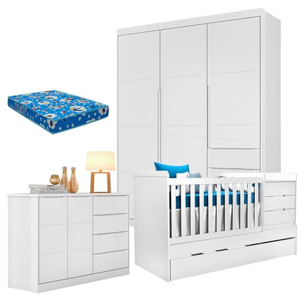 Quarto de Bebê Blenda com Berço Multifuncional Cleo Branco Acetinado e Colchão – Phoenix
