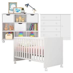Berço Americano Doce Sonho 100 com Rodízios e Cômoda 2561 com Nicho Organizador 3 Gavetas Branco Brilho - Qmovi