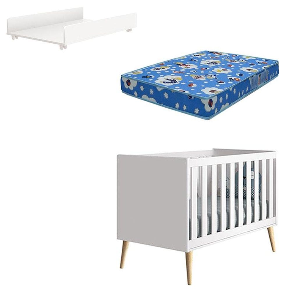 Berço Americano Theo Natural com Trocador Juju Branco e Colchão - Reller