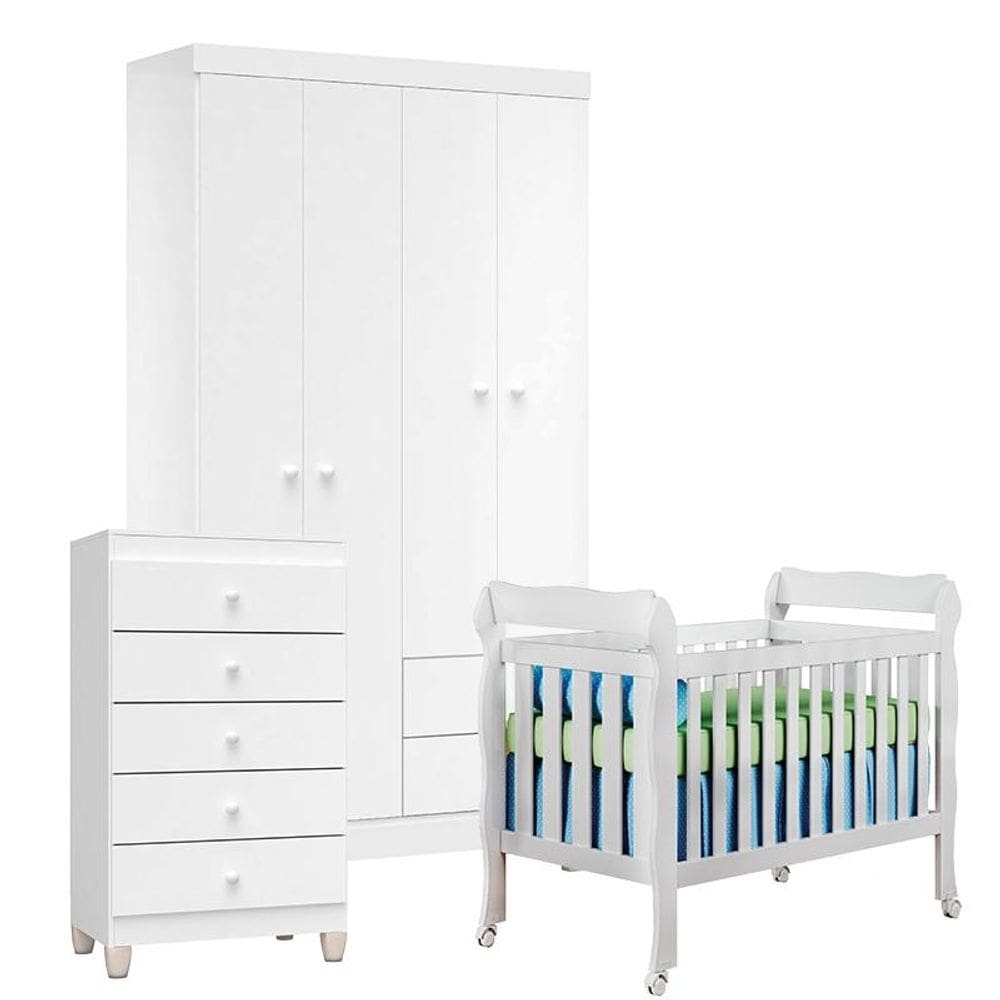 Quarto de Bebê 4 Portas com Gaveteiro Ternura Baby e Berço Lila Branco Brilho - Incorplac