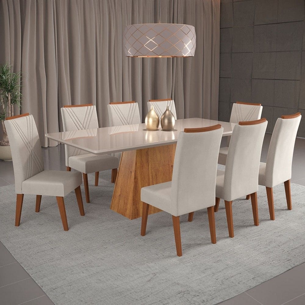 Mesa de Jantar 8 Lugares Barth com Vidro Marfim/Off White - Viero Móveis