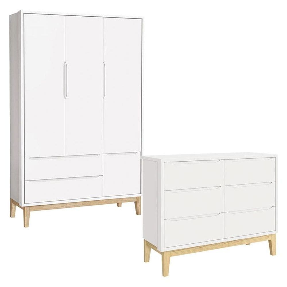 Cômoda 6 Gavetas e Guarda Roupa 3 Portas New Classic Branco com Pés Madeira Natural – Reller