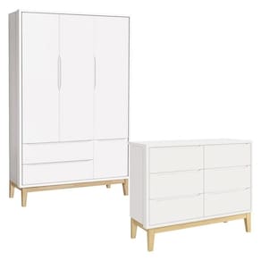 Cômoda 6 Gavetas e Guarda Roupa 3 Portas New Classic Branco com Pés Madeira Natural – Reller