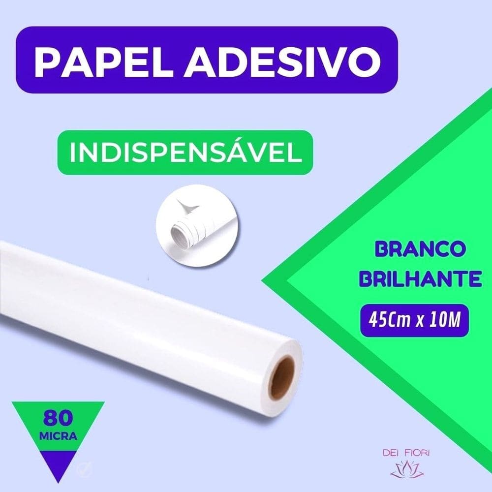 Papel Adesivo Tipo Contact Branco 45cm X 10Mts Envelopamento Autoadesivo Escolar Artesanato Brilhante Siliconado Moveis