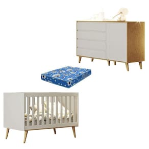 Berço Americano Ludmila e Cômoda Infantil Gran Lorena Off White Bétula com Colchão Ortobom - Carolina Baby